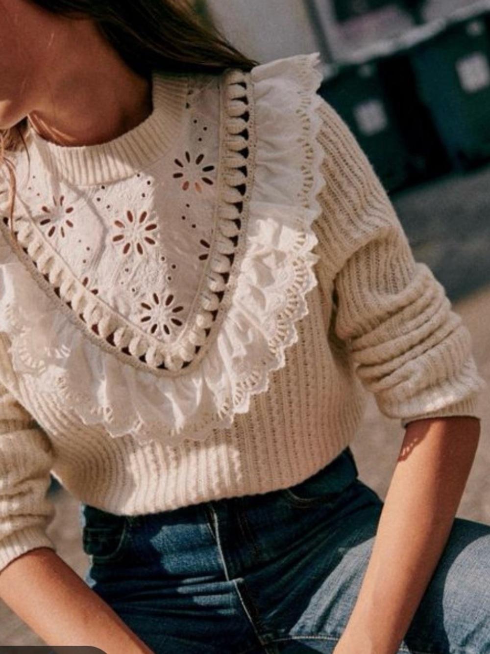 Sezane Lace-Trim Knit Sweater